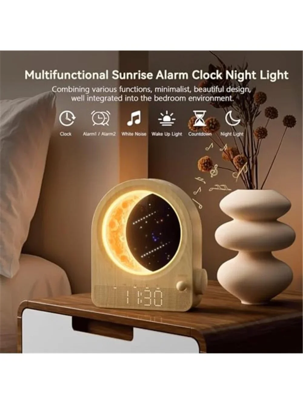 Sunrise Alarm Clock Wake Up Light Moon Lamp White Noise Sound Machine Bedside